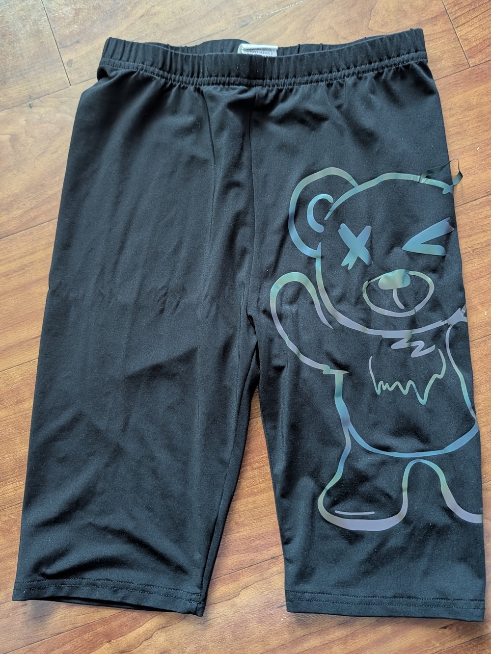 Black Kids Bear Graphic Shorts with Iridescent Print